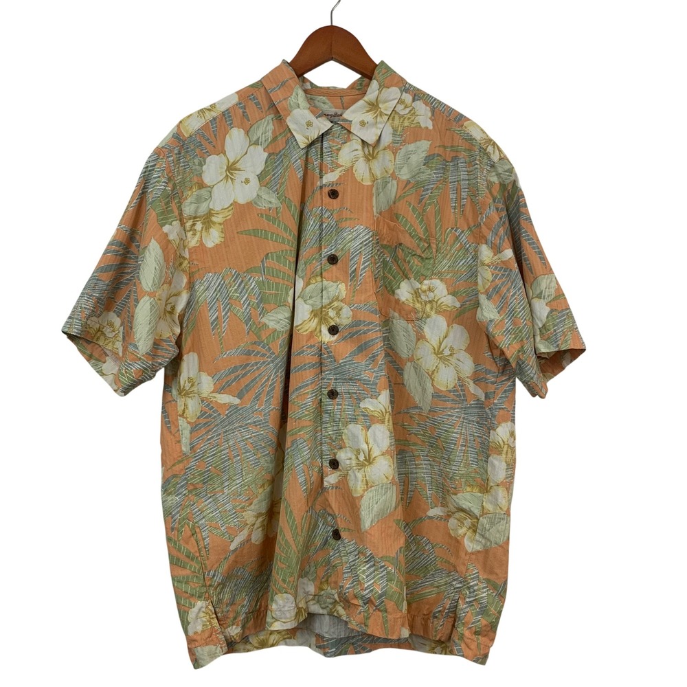 Tommy Bahama Mens Shirt L Orange Tropical Print 100 % Silk Button Down Hawaiian